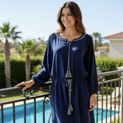 Binny Fazenda Silk Dress Size AU 12 Navy Long Tunic Sleeve BNWT RRP $330.00