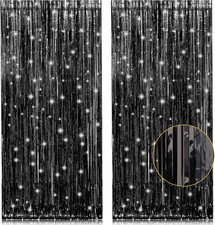 2 Pack 3.2ft x 8.2ft Black Tinsel Foil Fringe Curtains, 3.2 x 8.2 feet,