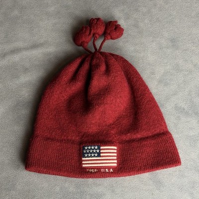 Polo Ralph Lauren Beanie Hat USA Flag Wool Blend Knit Red Pom | eBay