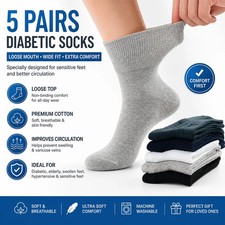 5 Pairs Diabetic Socks Loose Top Non-Binding Cotton Comfort Wide Fit Breathable
