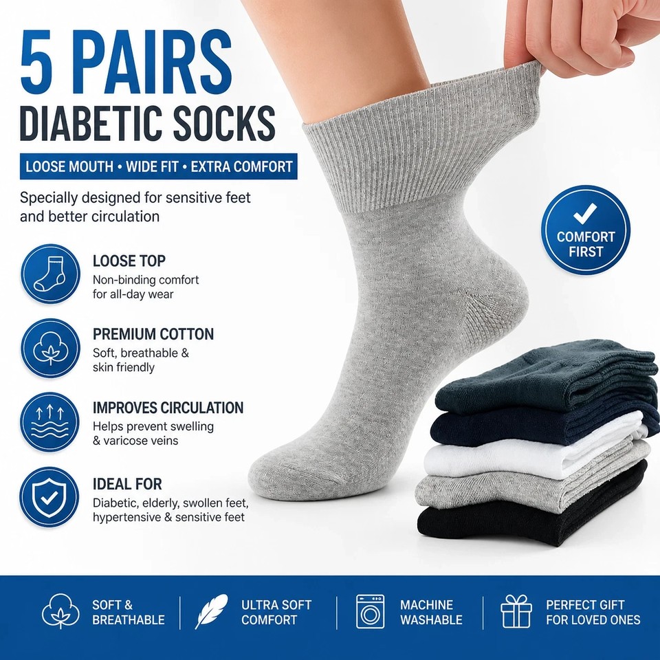 5 Pairs Diabetic Socks Loose Top Non-Binding Cotton Comfort Wide Fit Breathable