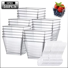 50PCS 2/4OZ Plastic Dessert Cups with Spoons Clear Mini Square Tumbler Cups for 