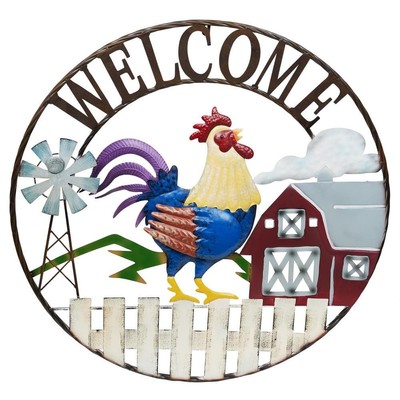 Large Round Rooster and Farm 'Welcome' DecorSCC578L