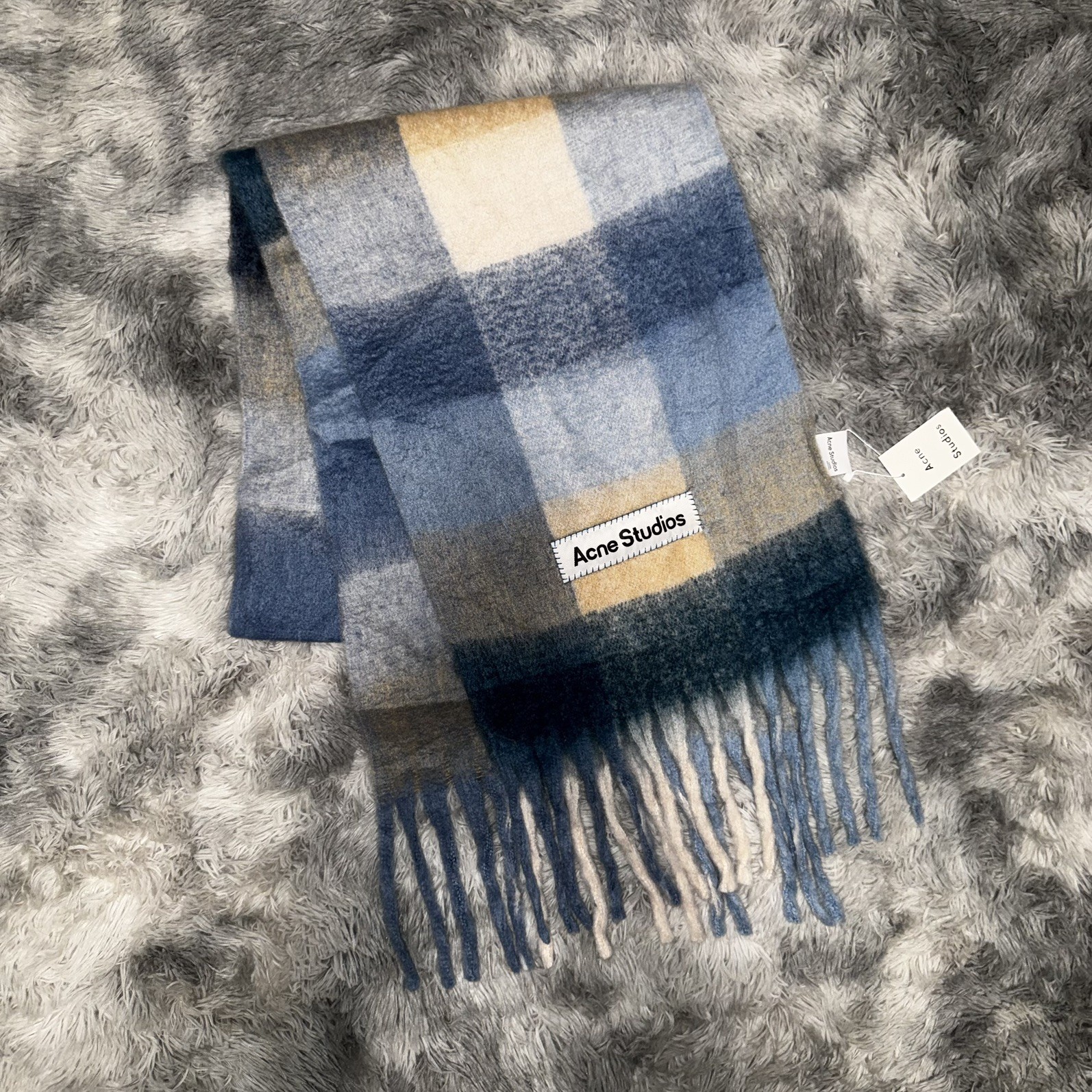 Acne Studios Blue/White Checked Mohair Wool Fringe Winter Scarf