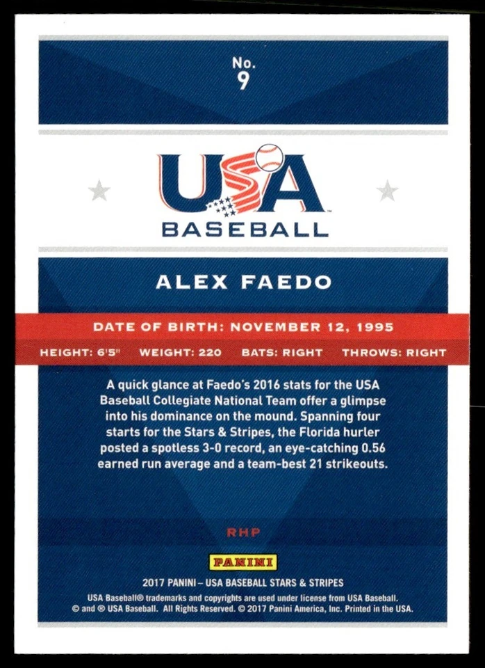 2017 Panini Stars and Stripes Alex Faedo USA #9 - Image 2 of 2