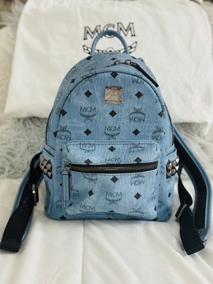 Authentic MCM Stark Mini Backpack Blue Visetos Studded 8x10x4 clean + Dust Bag
