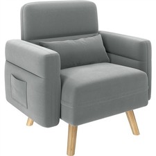 Modern Fabric Armchair Accent Chair with Rubberwood Legs, Side Pockets, Grey