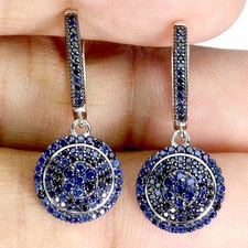 925 Sterling Silver Earrings Blue Sapphire Round Diamond Cut Gemstone Jewelry
