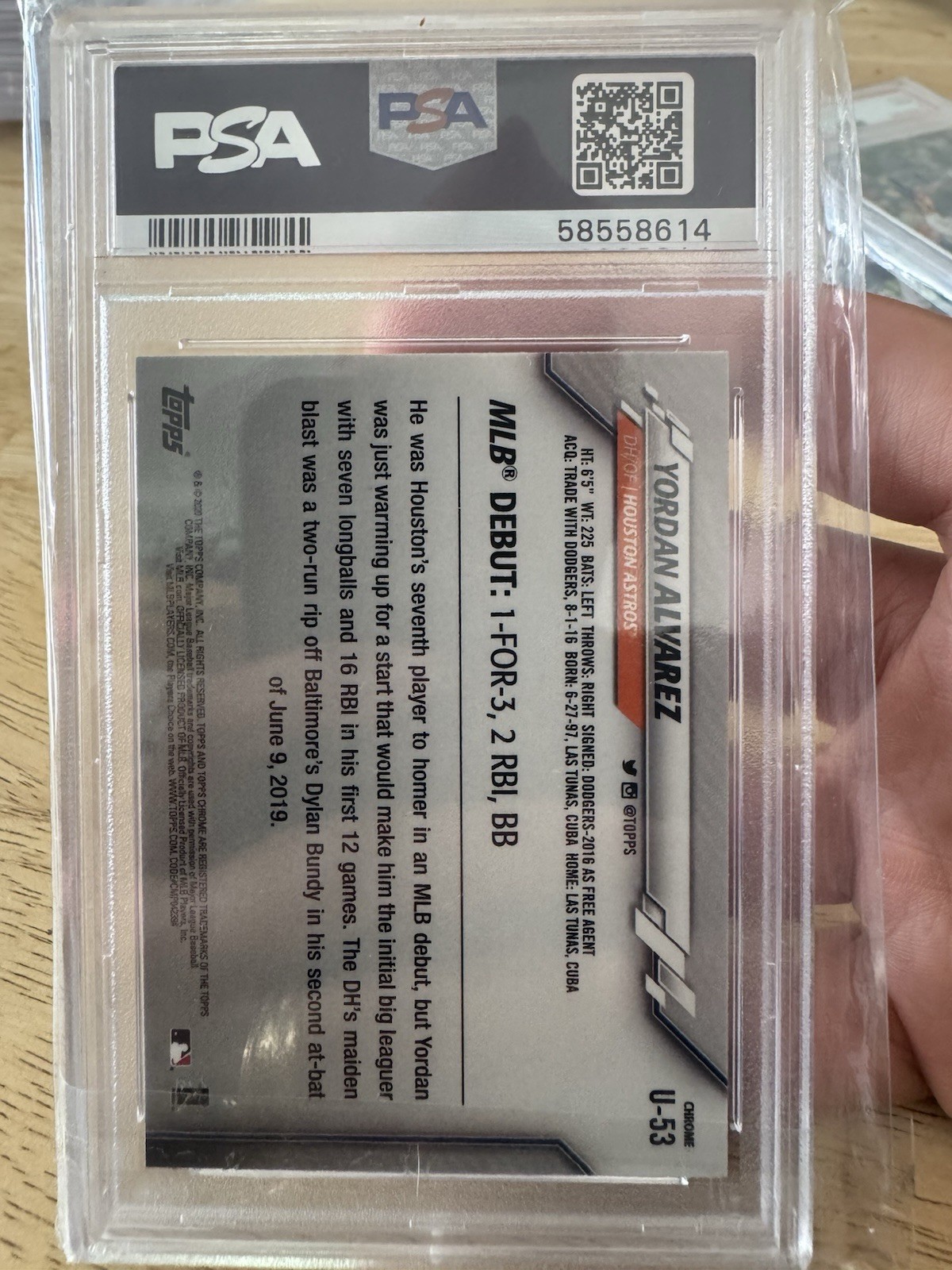 2020 Topps Chrome Update Series - Rookie Debut Yordan Alvarez #U-53 (RC) PSA 9 view 2