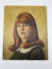 Vintage Painting American Folk Art Red Headed Woman Green Dress Portrait 20x16