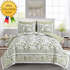 Floral King Size Comforter Set Sage Green Flowers on White Botanical Bedding Set