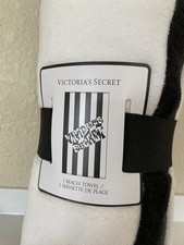 NWT VICTORIA SECRET BLACK & WHITE STRIPE LOGO BEACH TOWEL 70” X 39” 100% COTTON