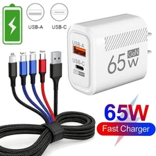 65W PD + USB A Fast Wall Charger & 4-in-1 Cable For Samsung iPhone Android Phone
