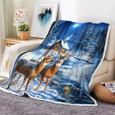 Christmas Throw Blanket, Winter Deer Snow Forest Holiday Theme Blanket for Couch