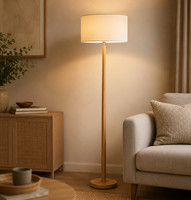 Walnut Wood Floor Lamp Natural Linen Shade E27 LED Modern Standing Light Bedroom