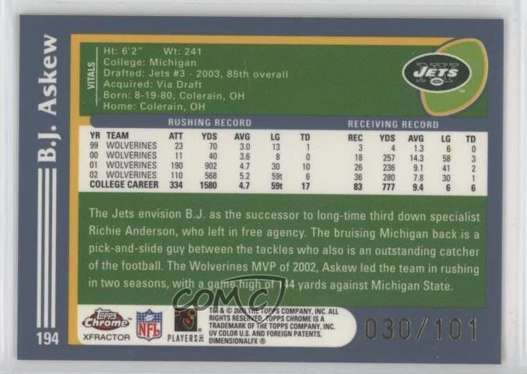 2003 Topps Chrome Rookie Gold X-Fractor /101 BJ Askew #194 Rookie RC - Image 2 of 2