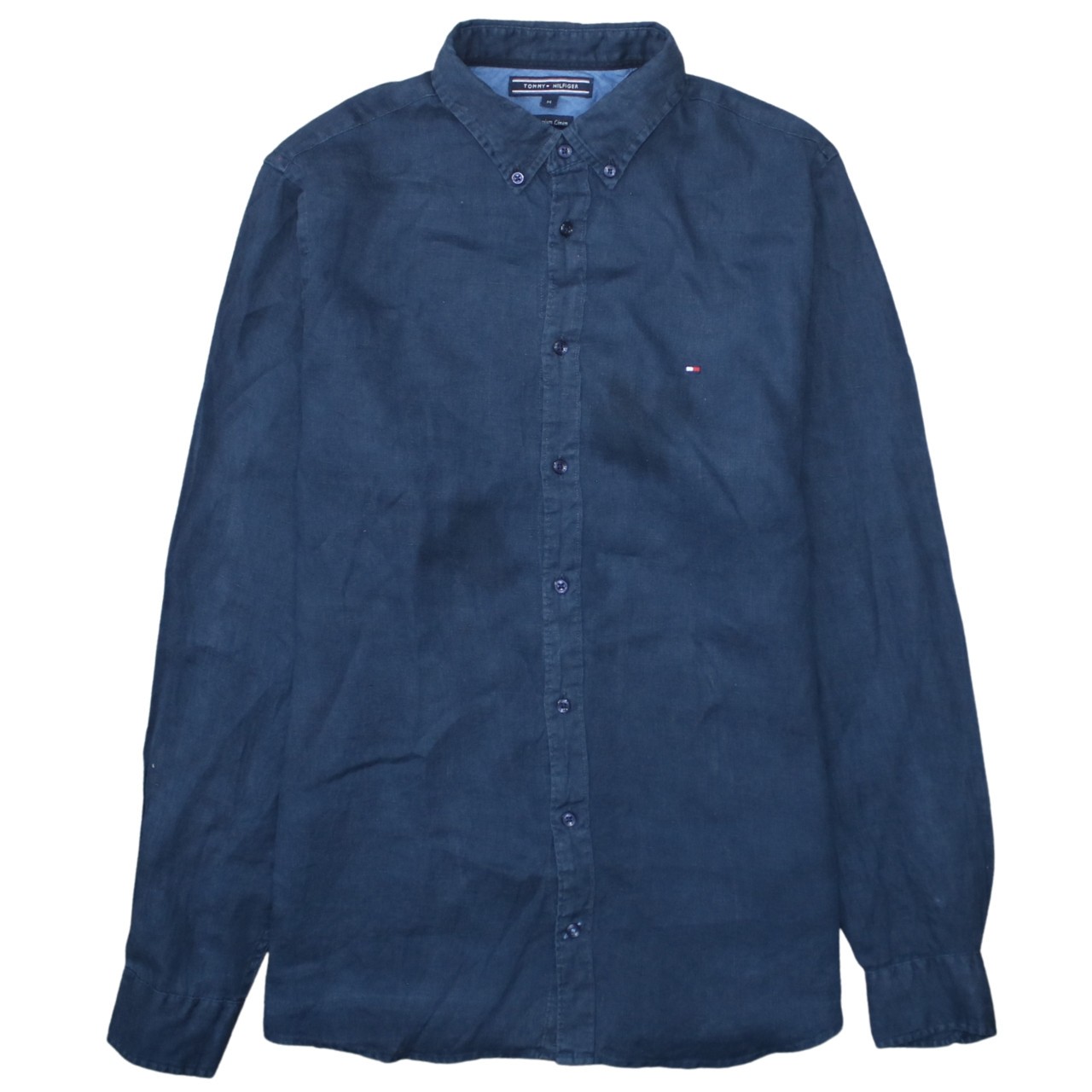 Tommy Hilfiger Mens Shirt Navy Blue Button Down Embroidered Flag Logo Classic M