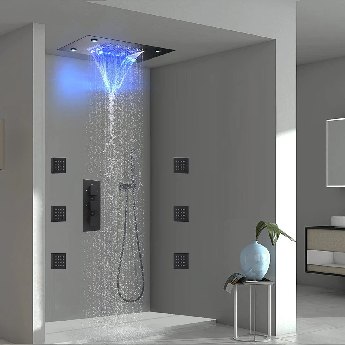 Luxury Wall Mount Waterfall and Rainfall Shower Head Set with Hand Shower