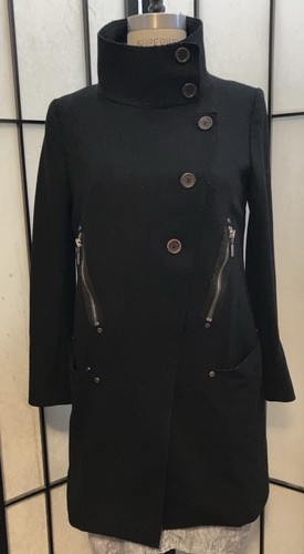 Cool Plein Sud Jeanius black wool Coat pockets button zips Women’s 10-12 M/L
