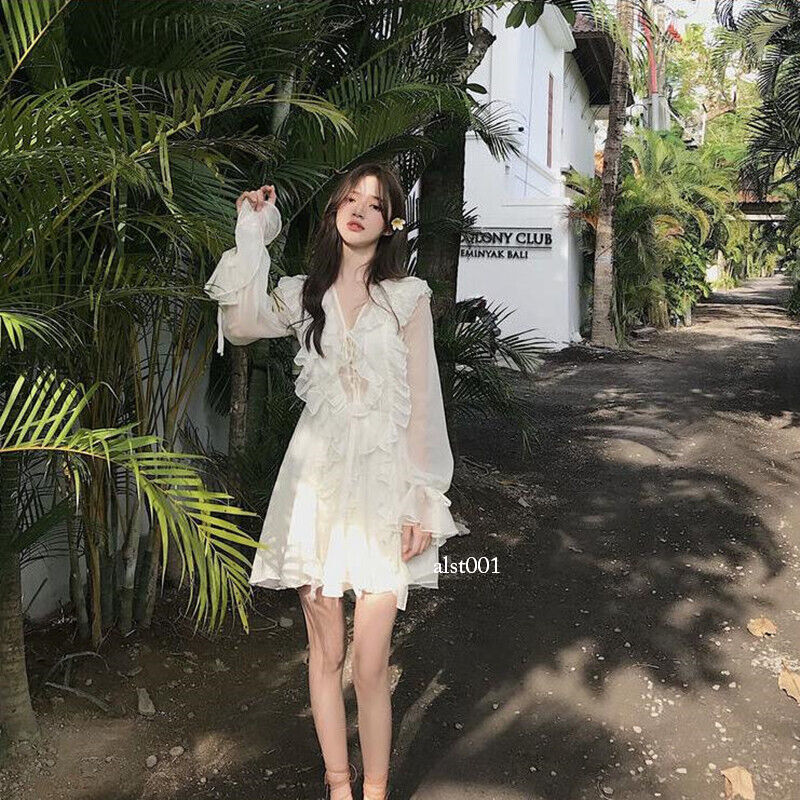Korean Women Princess White Chiffon Long Sleeve Ruffle Dress Holiday Beach Dress | eBay Korean Women Princess White Chiffon Long Sleeve Ruffle Dress Holiday Beach Dress | eBay