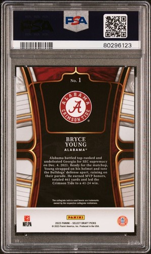 2023 SELECT DRAFT PICKS BRYCE YOUNG ROOKIE BLUE PARALLEL SP ALABAMA #1 RC PSA 10 - Picture 2 of 6