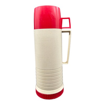 Vintage Pint Size Thermos Brand King Seeley Retro Model 2202 Tan & Red