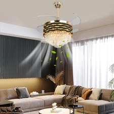 42"Crystal Chandelier Invisible Ceiling Fan LED 3-Color w/Remote Pendant Lamp