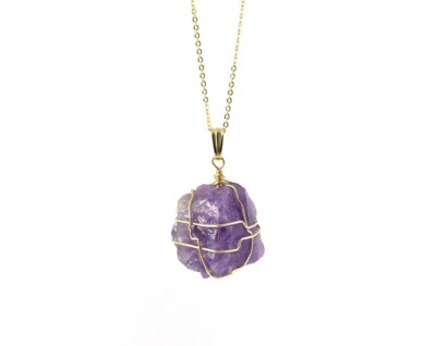 Amethyst Necklace on 14K Gold-Filled Chain - Large Wire-Wrapped Gemstone