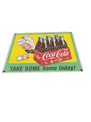 Coca Cola 6 For 25c Take Some Home Today Soda Pop Gas Oil Porcelain Metal Sign