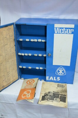 Vintage VICTOR Oil Seals Metal Cabinet Store Display w/ Advertising Catalog Orig