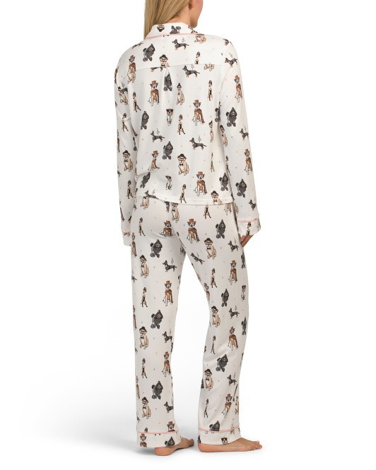 NWT PJ Salvage Ivory/Pink CURIOUS DOGS in HATS/GLASSES Peachy Knit Pajama Set L