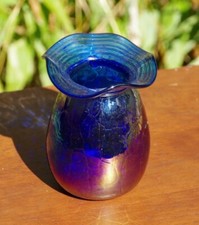 Signed Blue Iridescent Hand Blown Glass Vase Studio Glass