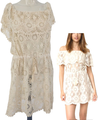 Somedays Lovin Kleid Häkel Schulterfrei Beige Strick Strand Cover Up Gr. M