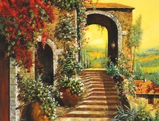 ceramic tile mural backsplash. Garden Archway stairs to Tuscany vineyard