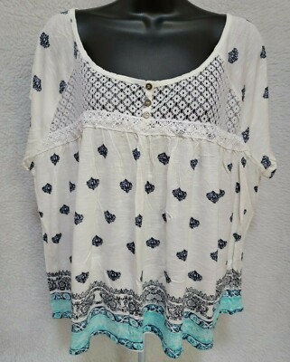 No Comment Womens Shirt Top Blouse Size 3X Green Blue White Crop NEW