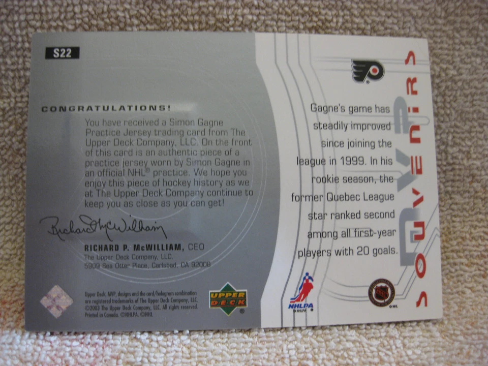 2003-04 Upper Deck MVP Souvenirs #S22 Simon Gagne PHILADELPHIA FLYERS mint - Image 2 of 2