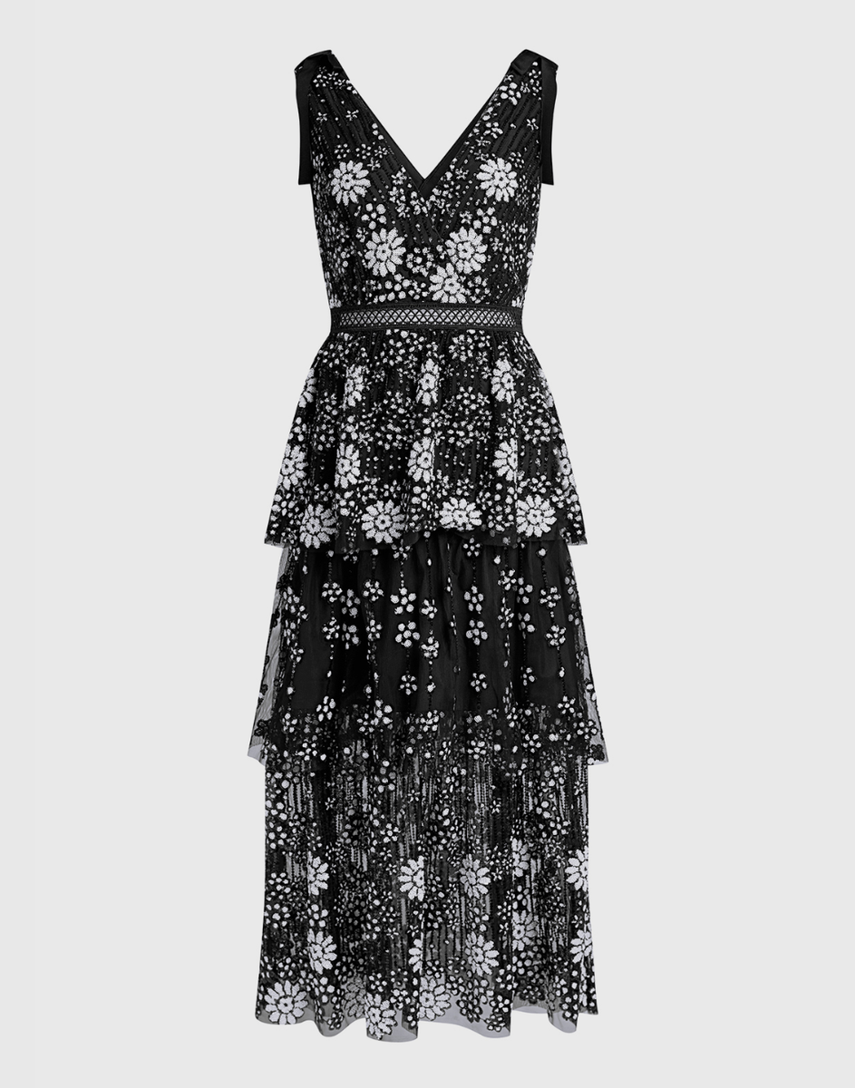 self portrait tiered sequin dress Self Portrait Light Pink Floral Sequin Embellished Tulle Tiered Midi Dress M Self-Portrait