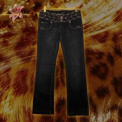 C'est Toi Dark Wash Low-Rise Jeans with Gold Stitching & Rhinestone Waistband