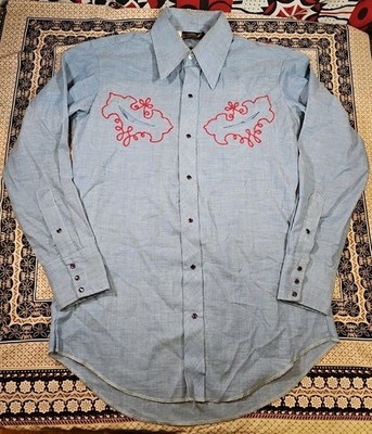 VTG 1970s TEM TEX Embroidered Western Pearl Snap Chambray SHIRT Rockabilly M/L