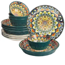 Mandala Dinnerware Sets (12 Pcs) Serves 4, Buffet Dinnerware, Boho Plates and...