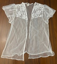 Vintage White Sheer Lace Robe Medium Nylon Peignoir Bridal Boudoir Lingerie USA