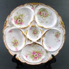 Antique HAVILAND, Limoges - OYSTER PLATE - Pink & White POPPIES Double GOLD trim