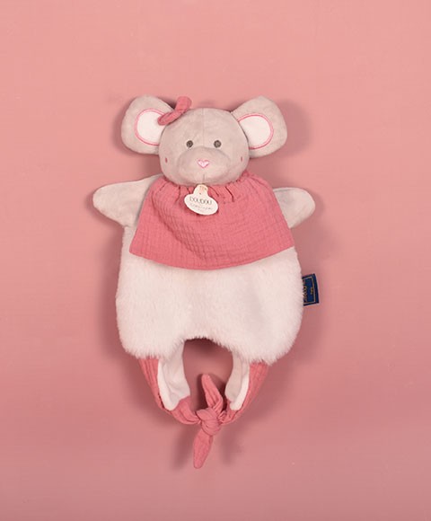 Doudou Souris Marionnette anti-perte grâce au sac amusette attaché, idéal pour la crèche