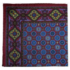 Burgundy  Blue Geometric Ancient Madder Silk Pocket Square Hand-Rolled 