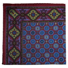 Burgundy & Blue Geometric Ancient Madder Silk Pocket Square (Hand-Rolled)