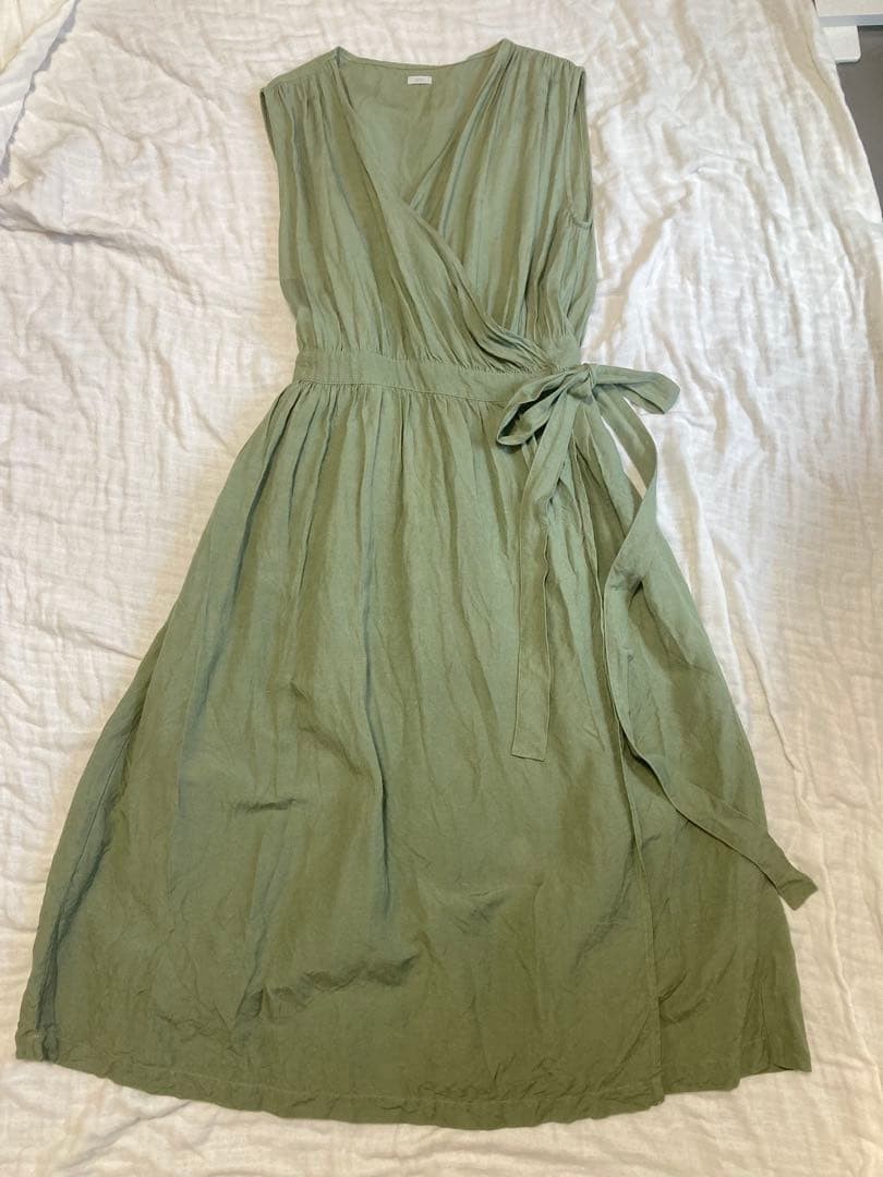 ichi sleeveless wrap dress green linen 120cm