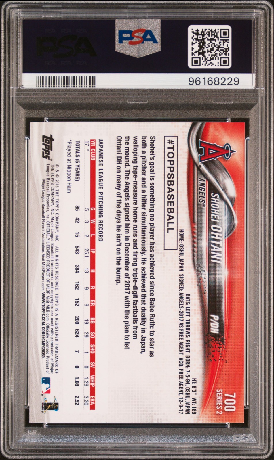2018 Topps Series 2 #700 Shohei Ohtani Pitching Rookie RC PSA 10 Angels view 2