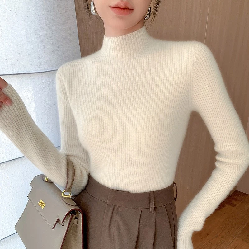 Nuevo suéter pulóver de lana ajustado engrosado de cachemir de cuello alto para mujer Foto 2 de 4