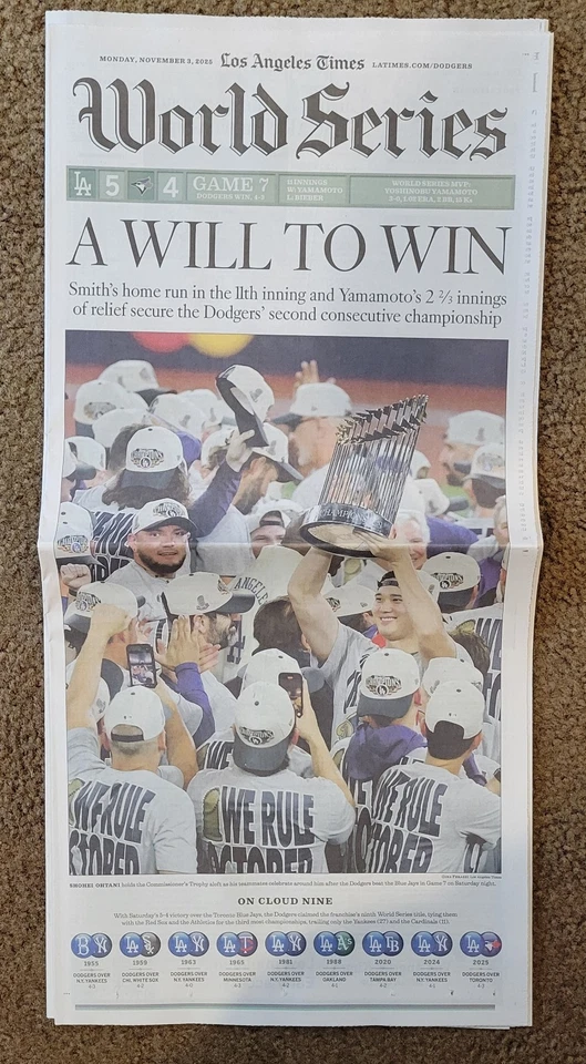 LOS ANGELES TIMES 3 de noviembre de 2025 MLB SERIE MUNDIAL CAMPEONES VICTORIA LA DODGERS - NUEVO Foto 4 de 4