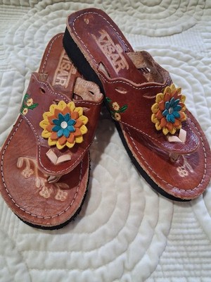 Women's Authentic Mexican VISAR Floral Embroidered Leather Sandals SIZE US 5.5-6